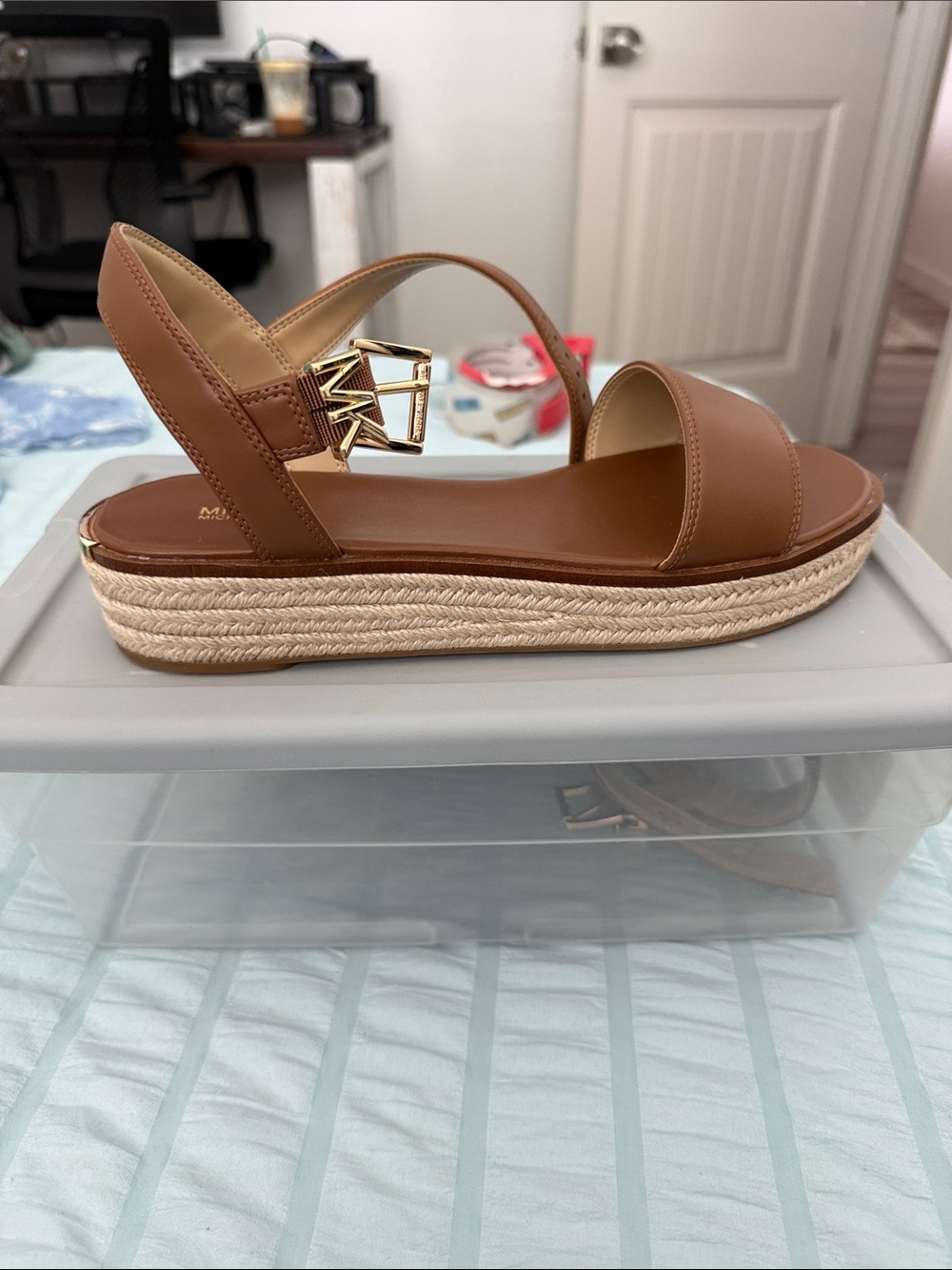 MICHAEL Michael Kors Tan Leather Espadrille Platform Sandals with Gold Buckle